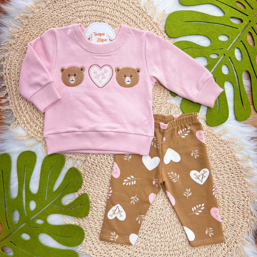 Conj. Casaco de Moletom Dois Ursinhos e Calça Legging Corações - Rose e Marrom